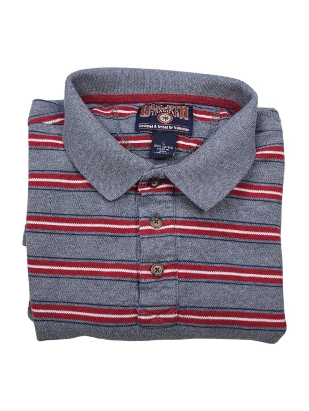 Duluth Trading Co. Mens L Gray Polo Shirt With Red & White Stripes Short Sleeves